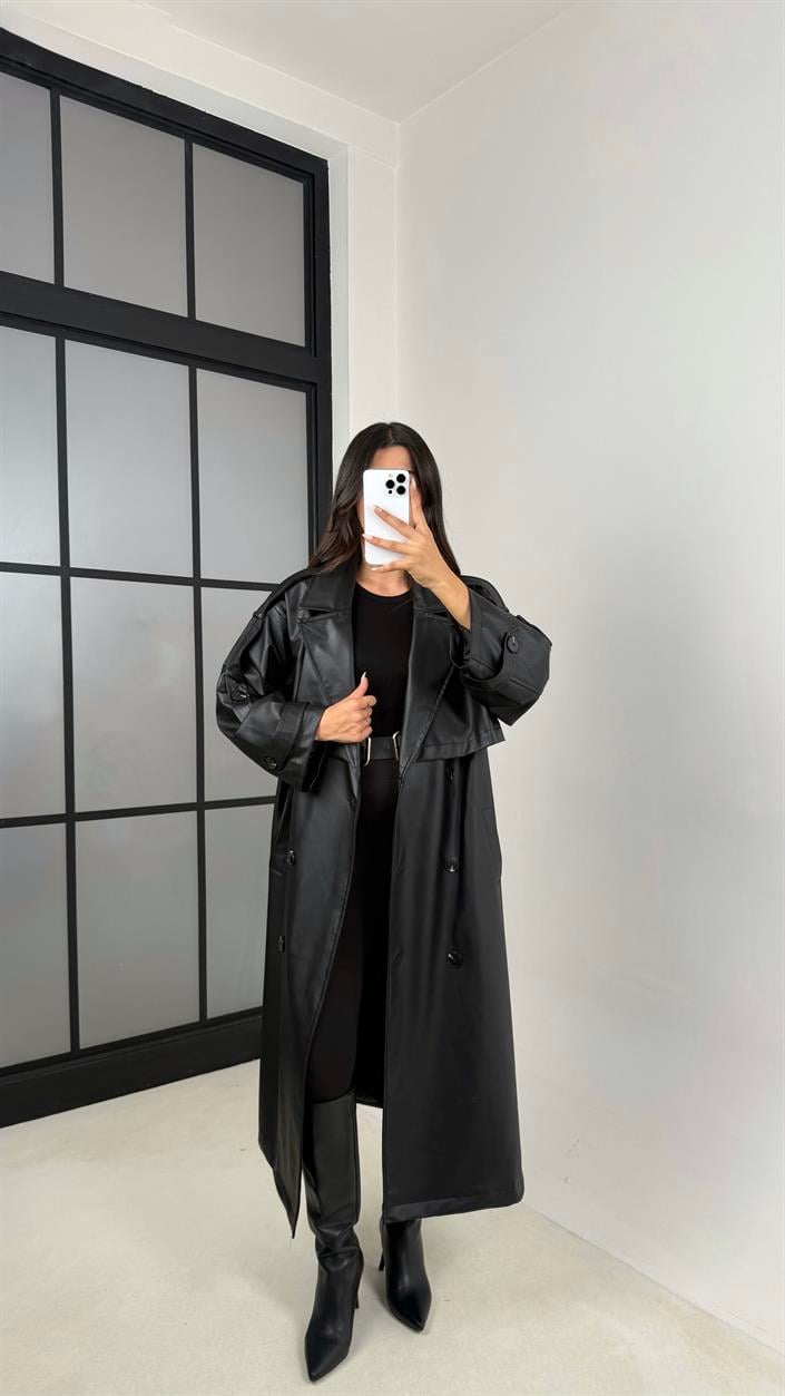 Siyah Kuşaklı Astarlı Premium Deri Trençkot GAUS-00127