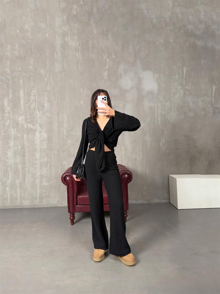 Bianca Siyah Önden Bağlamalı Hırka Pantolon Tasarım Takım