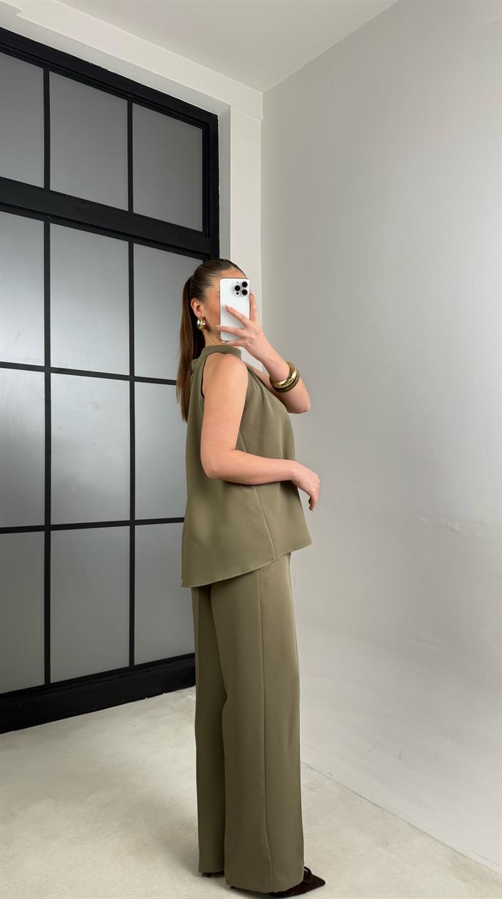 Haki Sıfır Kol Bluz Beli Lastikli Pantolon İkili Premium Takım GAUS-00984
