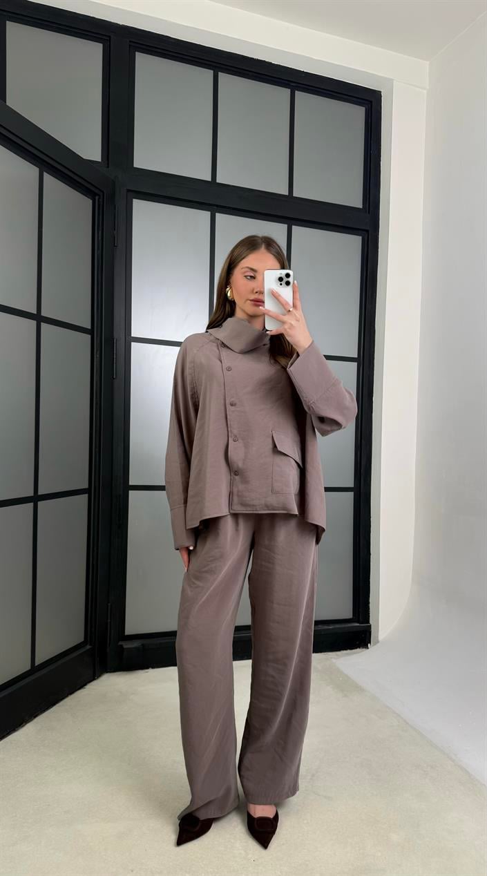 Vizon Gömlek Beli Lastikli Pantolon Cep Detaylı Muadil Tencel Takım GAUS-01225