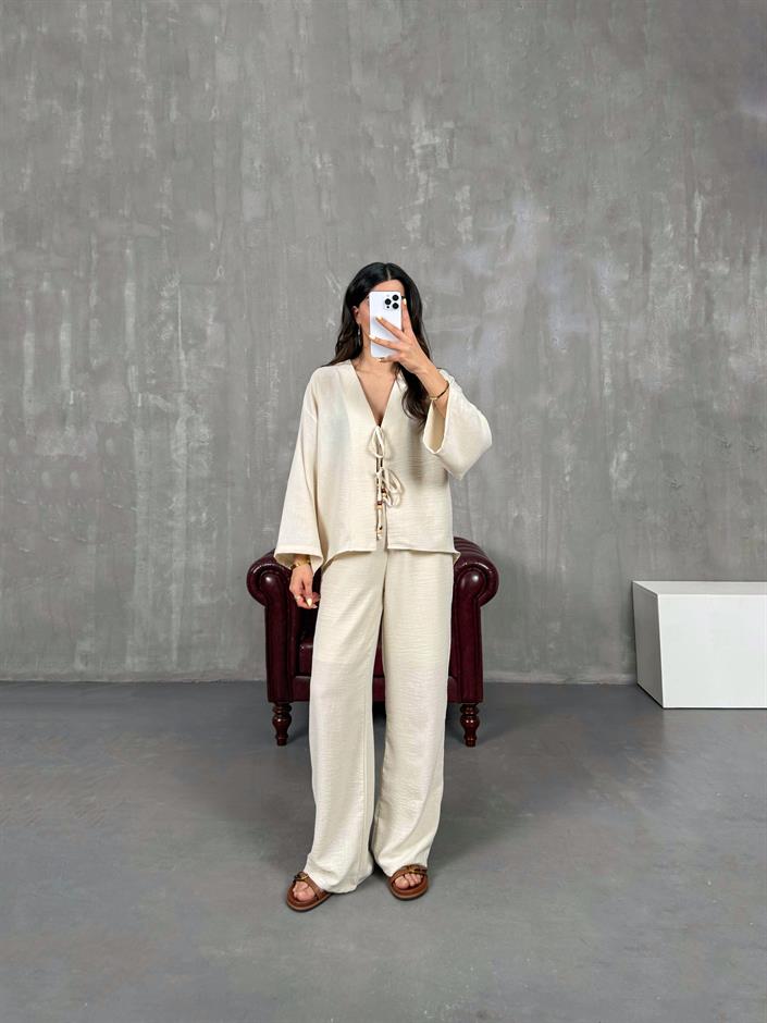 Taş Önden Bağlamalı Keten Kimono Takım Gaus00101