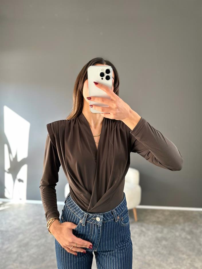 Kahverengi V yaka Vatkalı Drapeli Bodysuit
