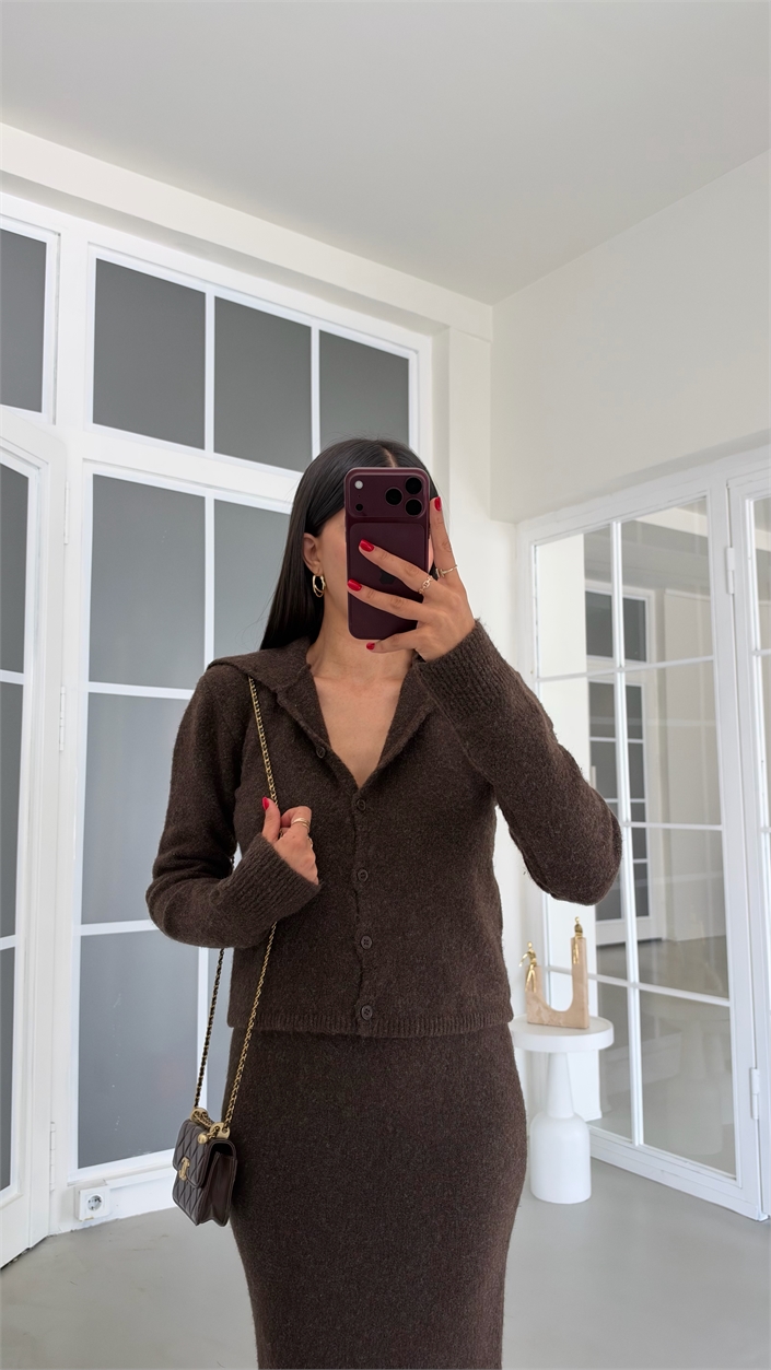 Kahve Hırka Beli Lastikli Etek İkili Triko Takım GAUS-02184