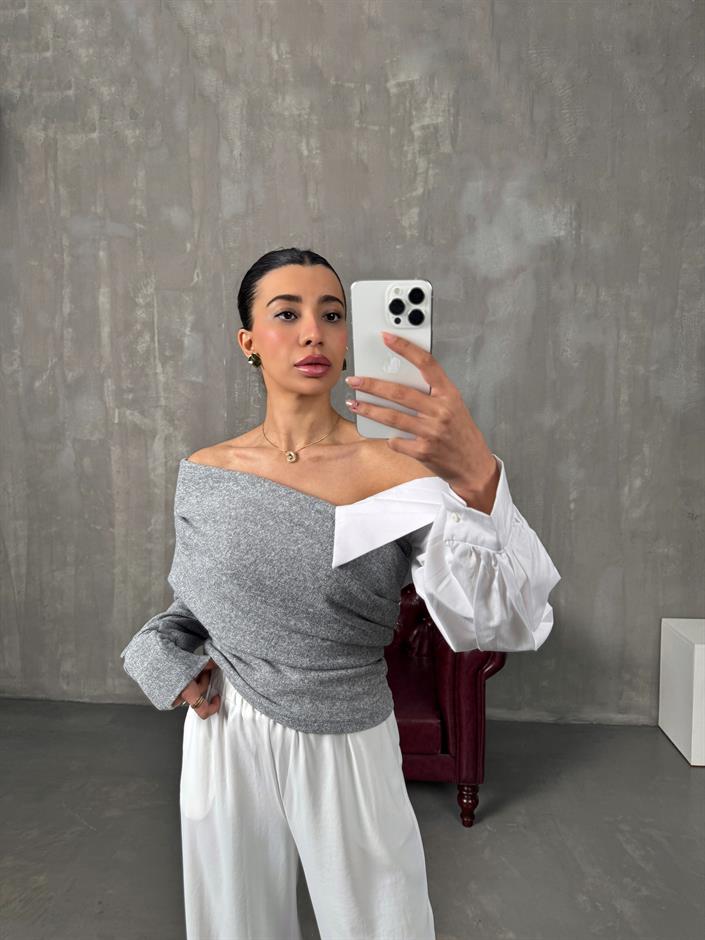 Jarse Gri Kayık Yaka Gömlek Detaylı Triko Bluz