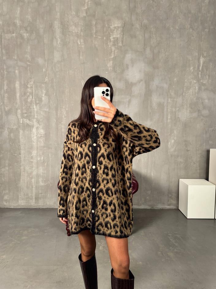 Wud Kahve Leopar Desenli Hırka