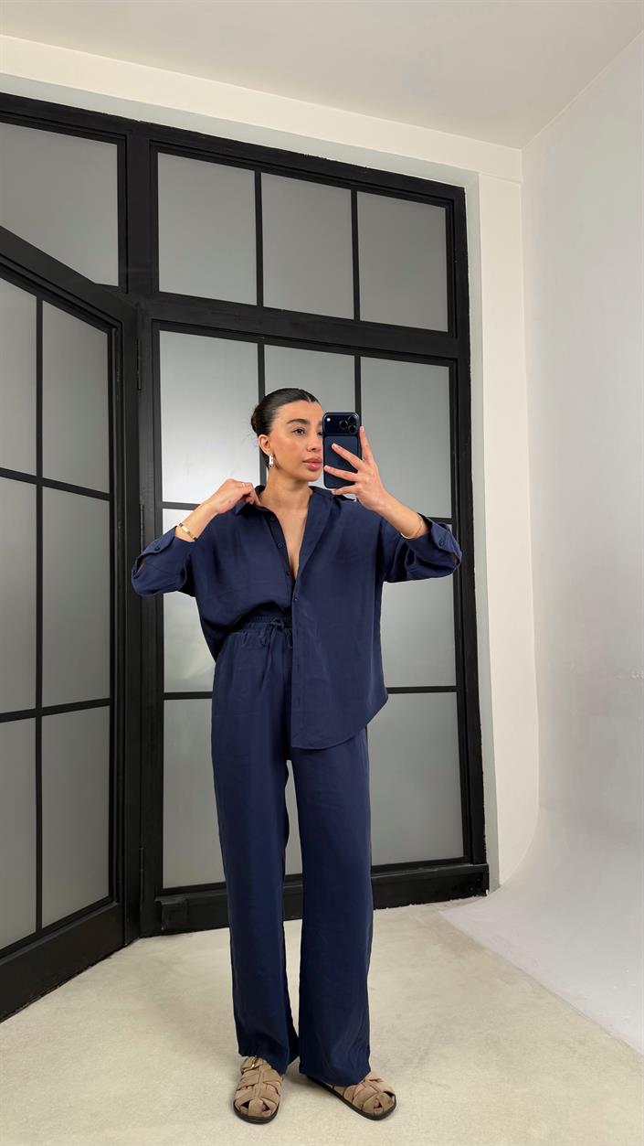 Lacivert MD Muadil Gömlek Beli Lastikli Pantolon Tencel Takım GAUS-01278