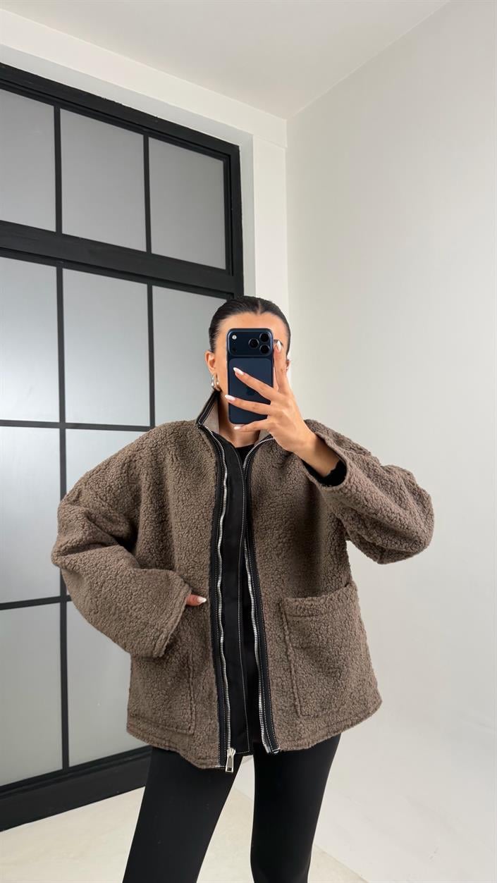 Kahve Cepli Fermuarlı Peluş Mont GAUS-00602