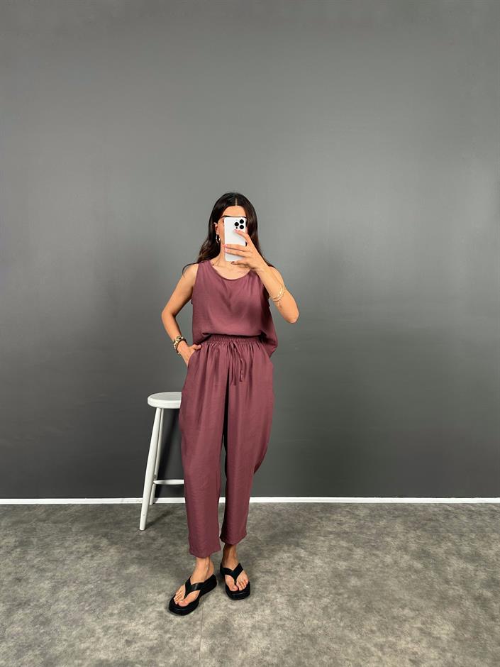 Viro Bordo İthal Kumaş Harem Pantolon Bluz İkili Takım