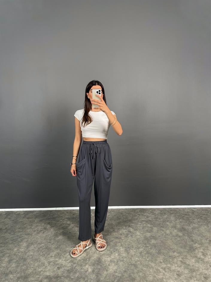 Pilea Beli Lastikli Önden Cepli Rahat Kumaş Antrasit Şalvar Pantolon