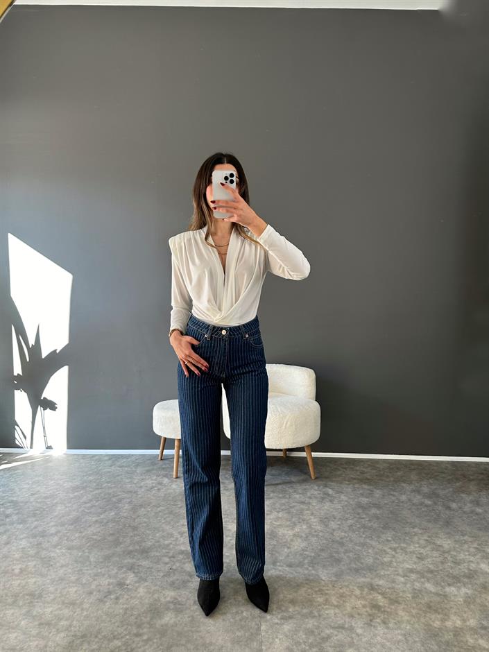 Premium Dark Blue Simli Çizgili Jean 
