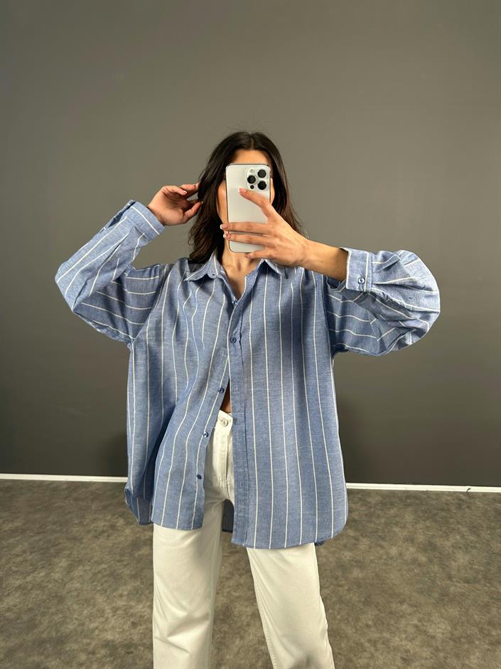 Mavi Çizgili Oversize Keten Gömlek 