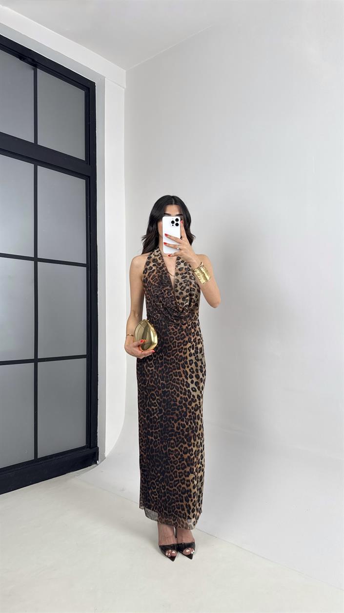 Leopar Degaje Yaka Astarlı Tasarım Şifon Elbise Gaus00466