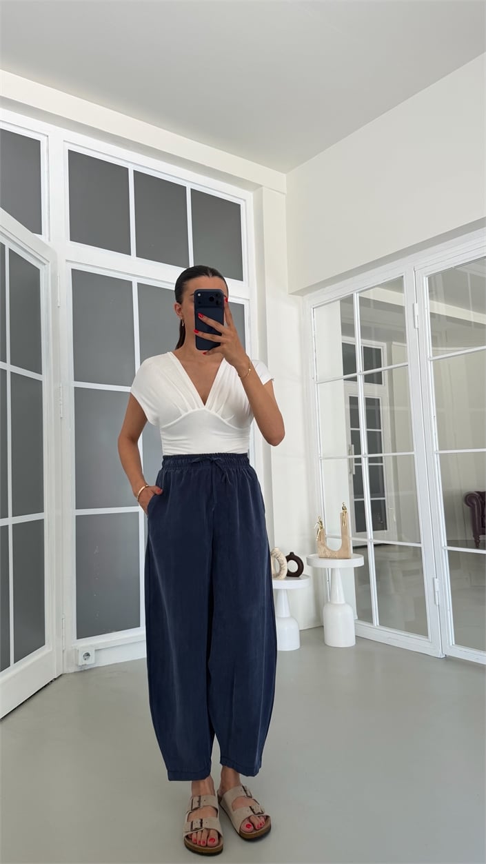 Lacivert MD Muadil Beli Lastikli Tencel Pantolon GAUS-01848
