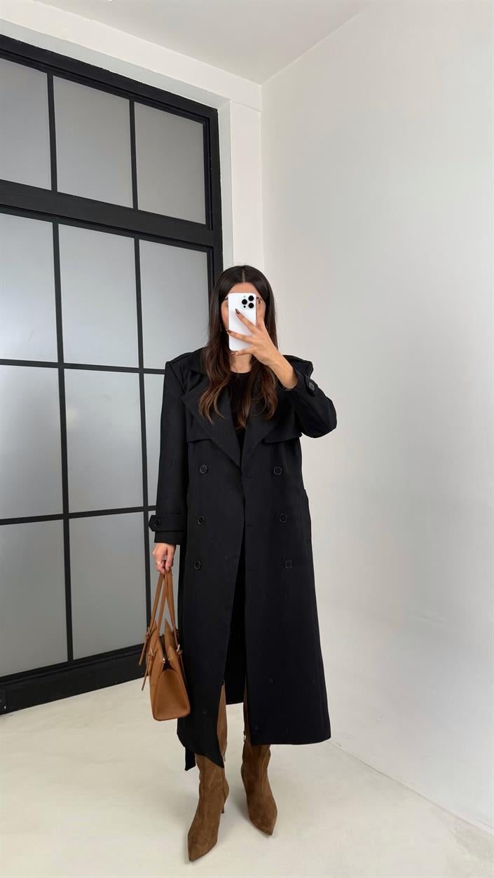 Siyah Astarlı Kuşaklı Süet Trençkot GAUS-00228