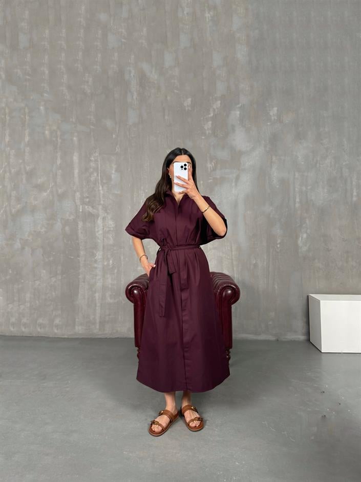 Bordo Cepli Önü Düğmeli Kuşaklı Elbise Gaus00257
