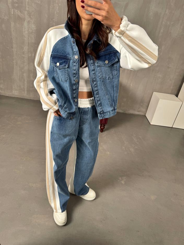 Gong Beyaz Denim Karışımlı Şeritli Takım