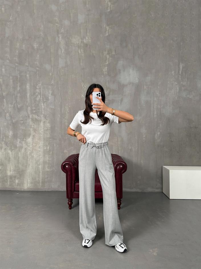 Giyan Gri Beli Lastikli Çımalı Pantolon