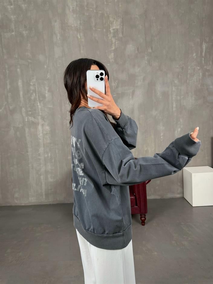 Kate Antrasit Yıkamalı Taşlı Oversize Sweat