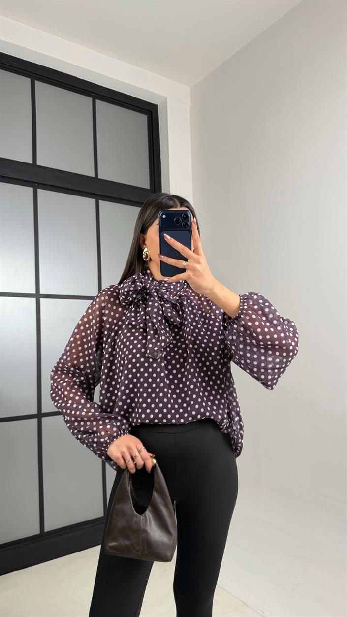 Mor Puantiyeli Şall Detaylı Şifon Gömlek GAUS-01108