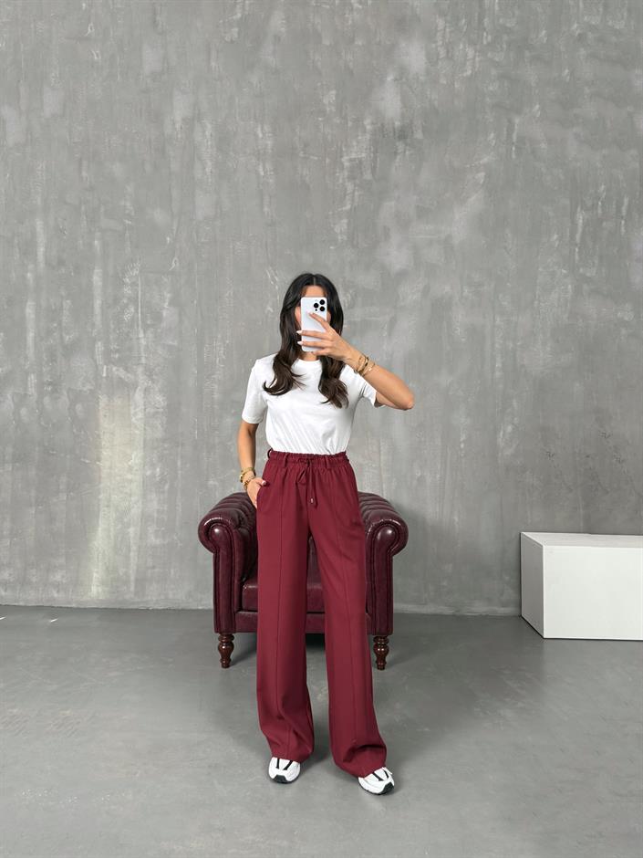 Giyan Bordo Beli Lastikli Çımalı Pantolon