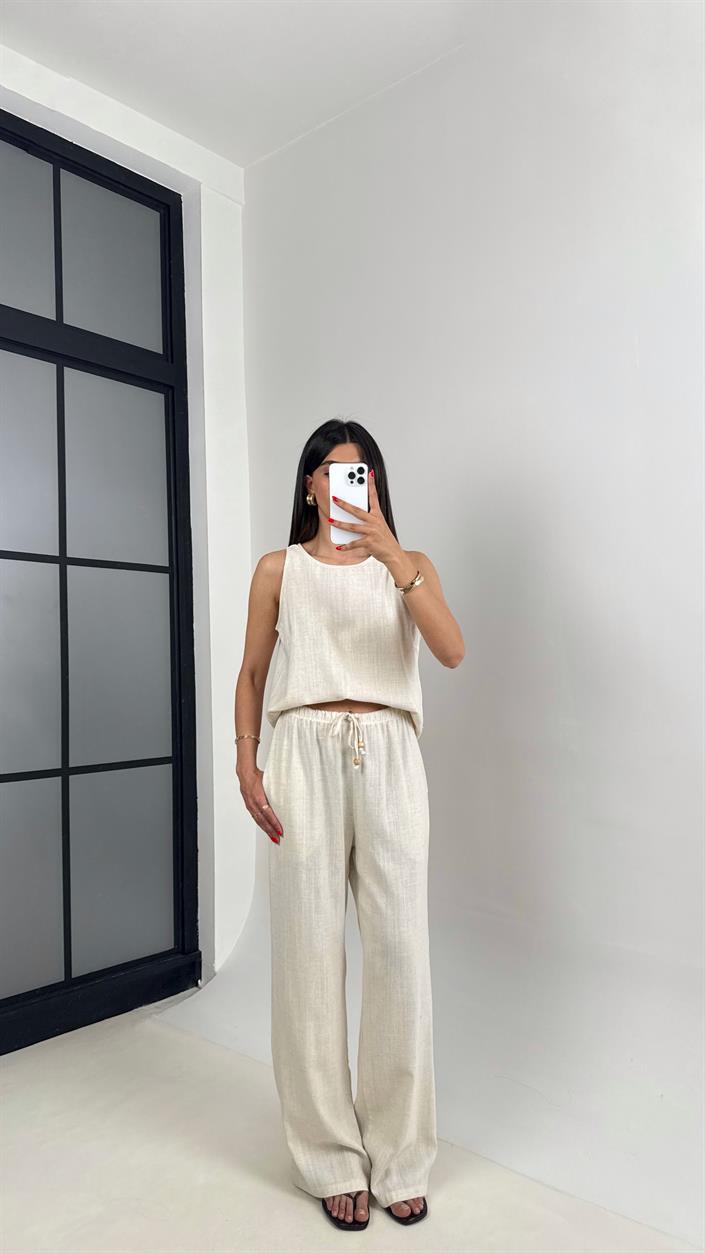 Taş Sıfır Kol Bluz Beli Lastikli Pantolon Md Muadil Keten Takım Gaus00495 