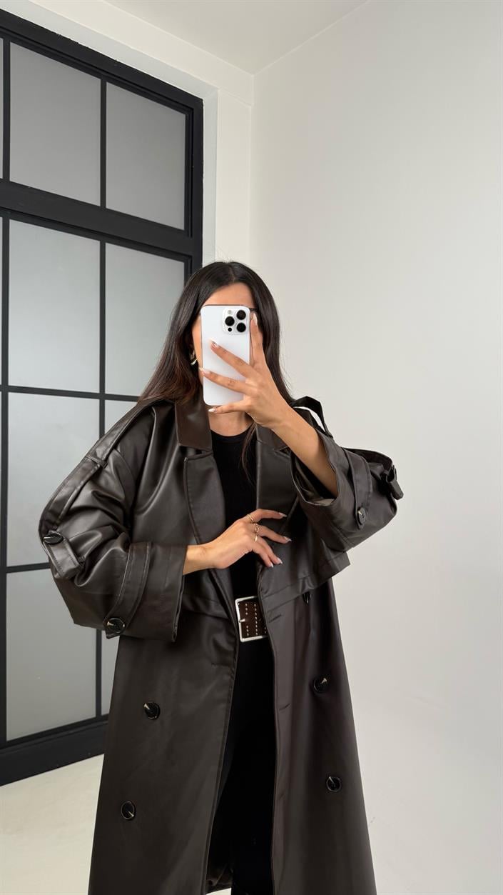 Kahve Kuşaklı Astarlı Premium Deri Trençkot GAUS-00127