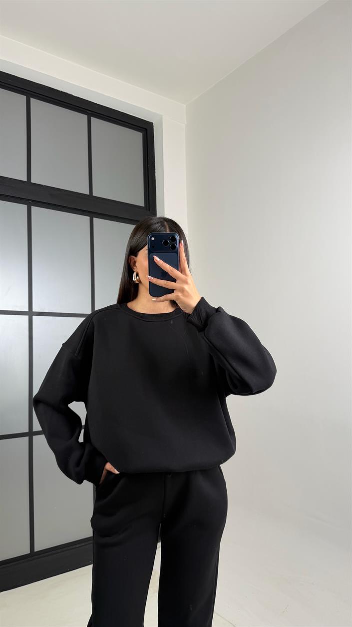 Siyah 3 İplik Şardonlu ZR Model Sweatshirt Eşofman Takım GAUS-00809