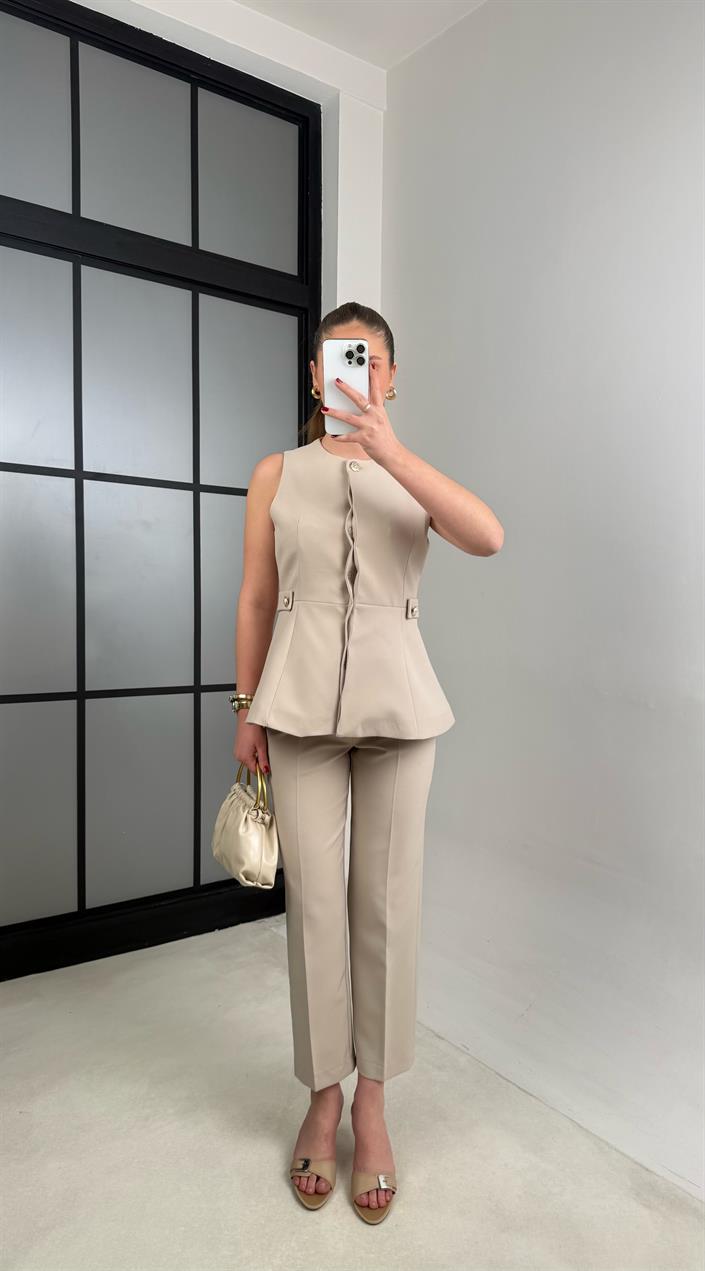 Taş Düğme Detaylı Yelek Pantolon İkili Premium Takım GAUS-00987