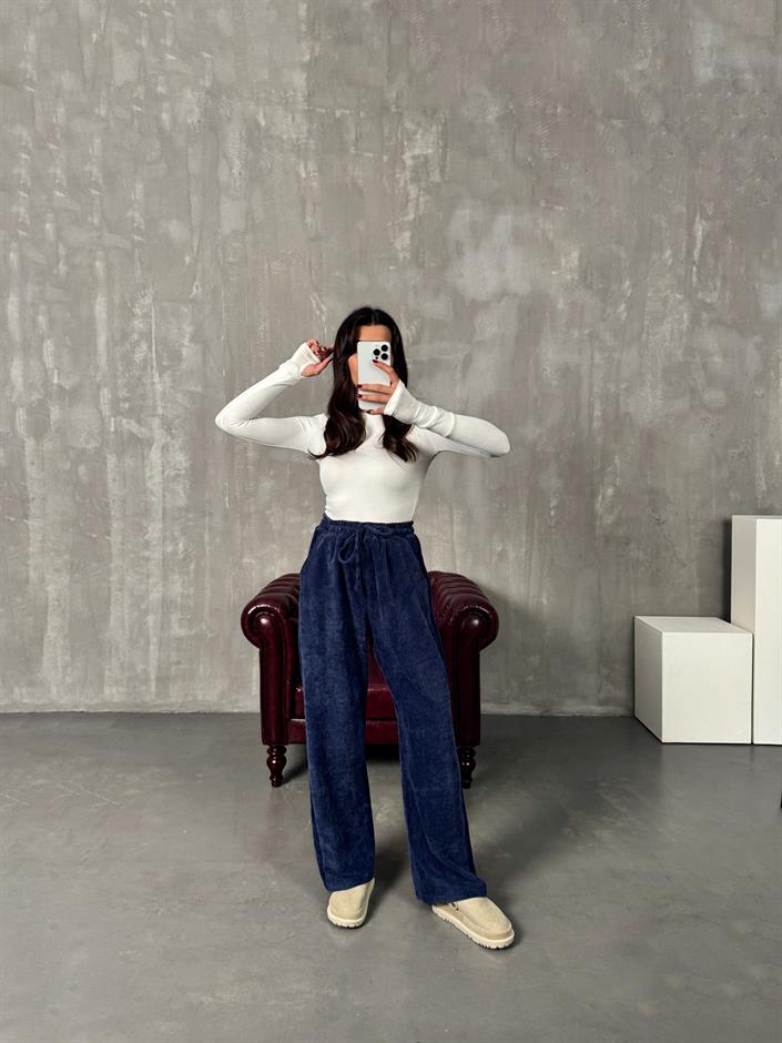 Mexa Lacivert Beli Lastikli Kadife Eşofman Altı