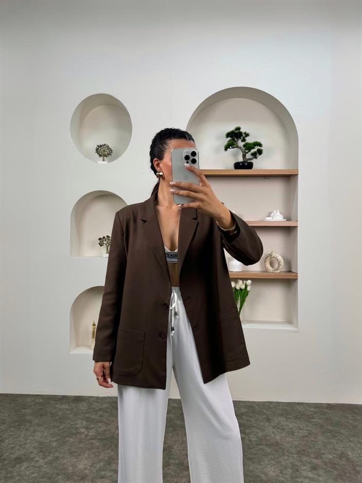 EFL Kahve Önden Cepli Astarlı Blazer Ceket