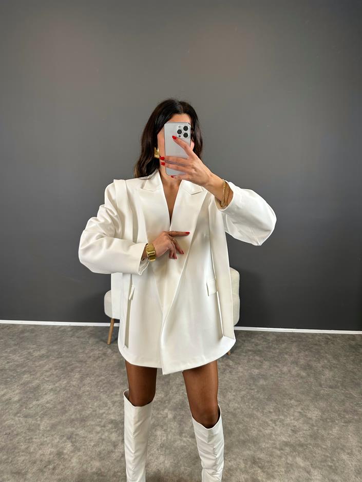 Marisol Premium Beyaz Bağlamalı Astarlı Blazer Ceket