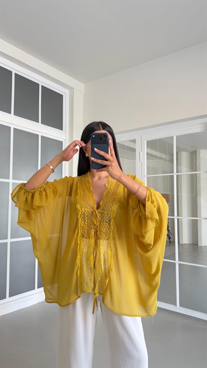 Hardal Dantel Detaylı Transparan Bluz GAUS-01648