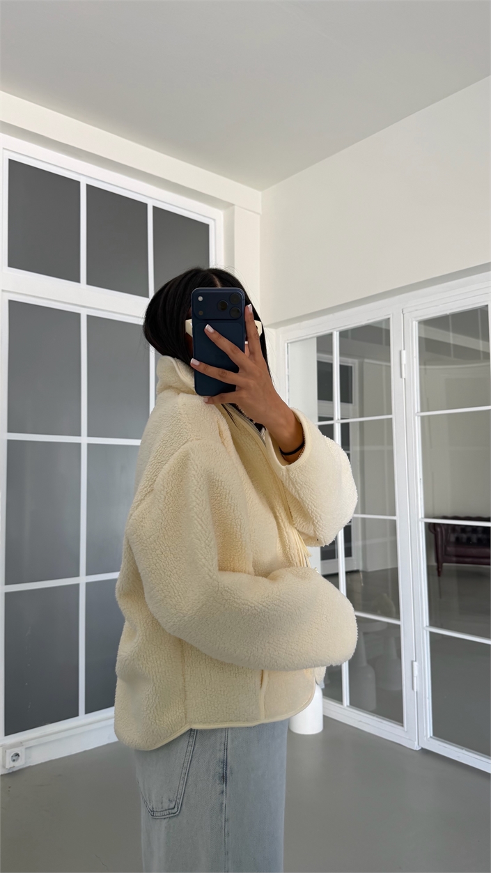 Krem Fermuarlı Cepli Polar Sweatshirt GAUS-02031