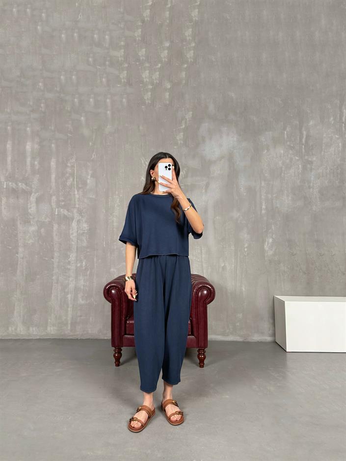 Lacivert Bisiklet Yaka Tshirt Pantolon Basic Yıkamalı Modal Takım Gaus00143