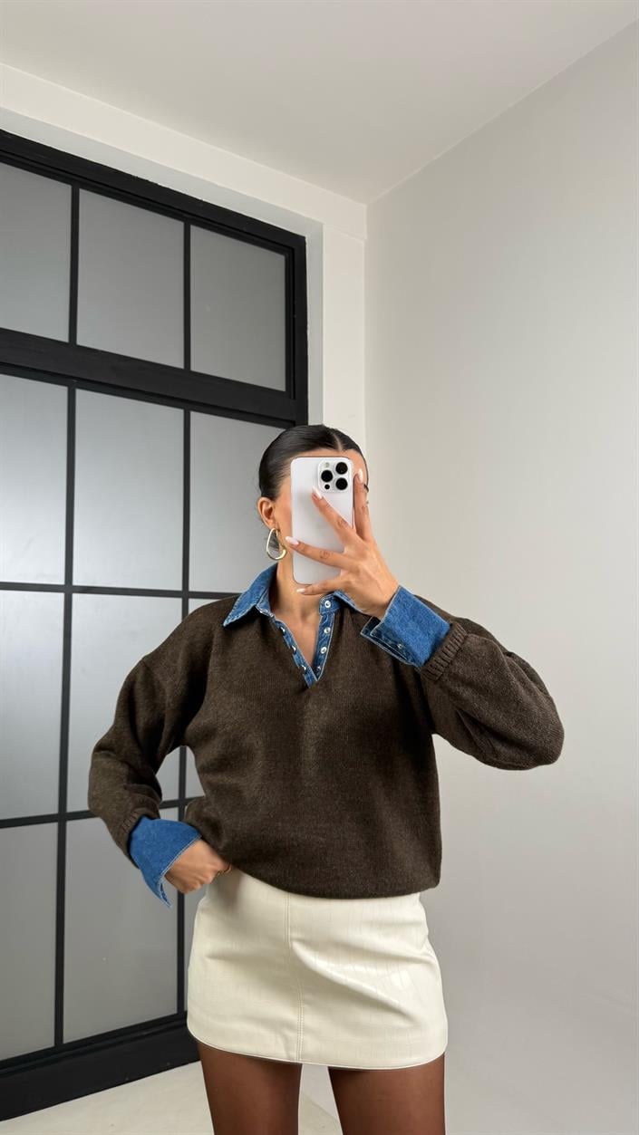 Acı Kahve Denim Yaka Detaylı Kazak GAUS-00507