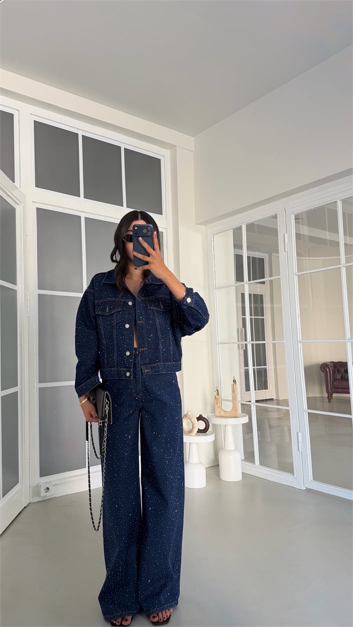 Lacivert Premium Taşlı Denim İkili Takım GAUS-01953
