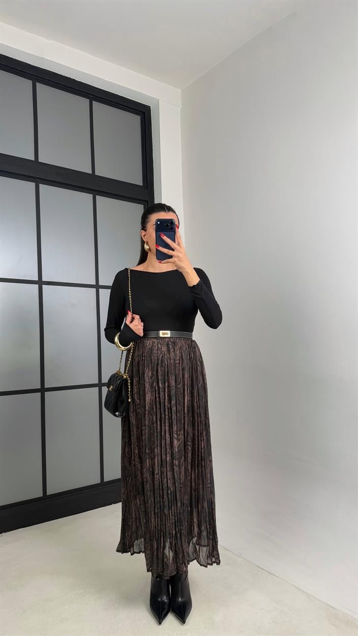 Kahve Desenli Beli Lastikli Yarım Astarlı Şifon Etek GAUS-00923