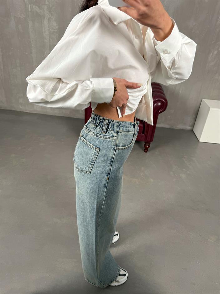 Garden Orta Mavi Belden Lastikli Wide Leg Jean