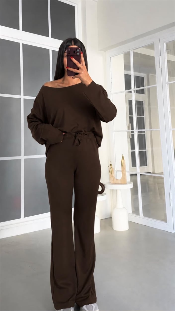 Acı Kahve Kayık Yaka Bluz Beli Lastikli Pantolon İkili Modal Takım GAUS-02168