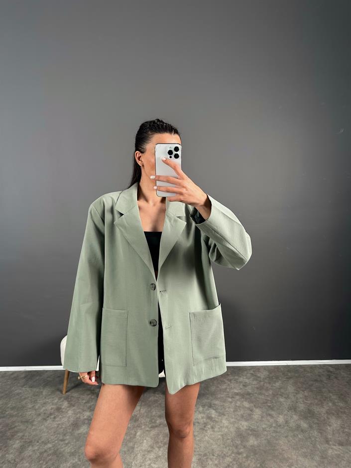Muadil Yeşil Premium Keten Oversize Ceket 