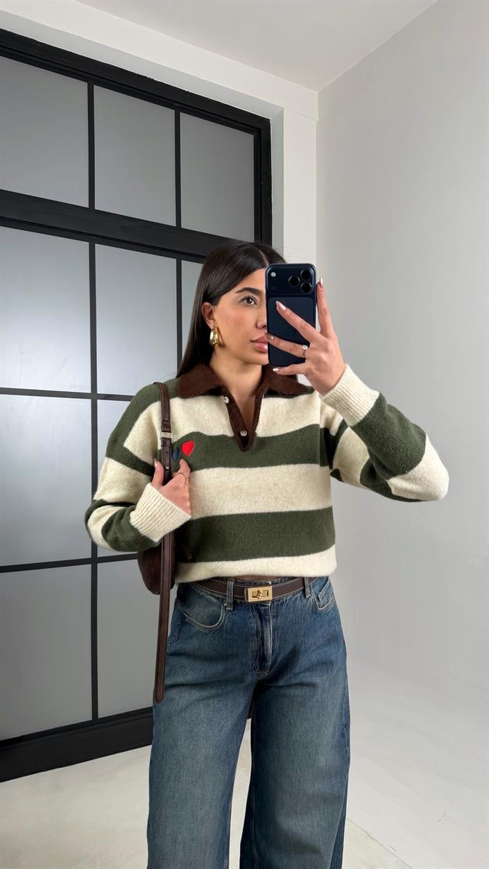 Yeşil Polo Yaka Çizgili Yumuşak Dokulu Kazak GAUS-01099