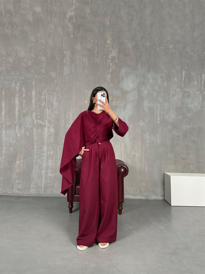Bordo Şal Detaylı Keten Takım Gaus00142