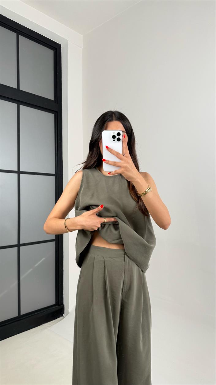 Haki Gold Detaylı Bluz Balon Pantolon İkili Tencel Takım Gaus00510