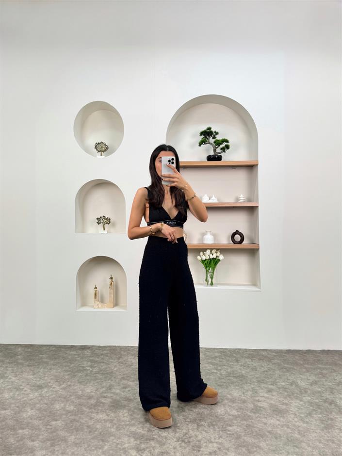 Ruvi Siyah Tasarım Triko Pantolon