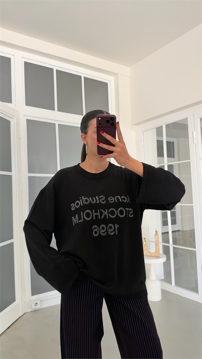 Siyah Taş Baskı Yazılı Bluz GAUS-02262