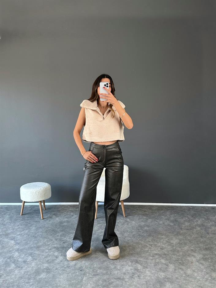 Nori Gri Eskitme Deri Pantolon 