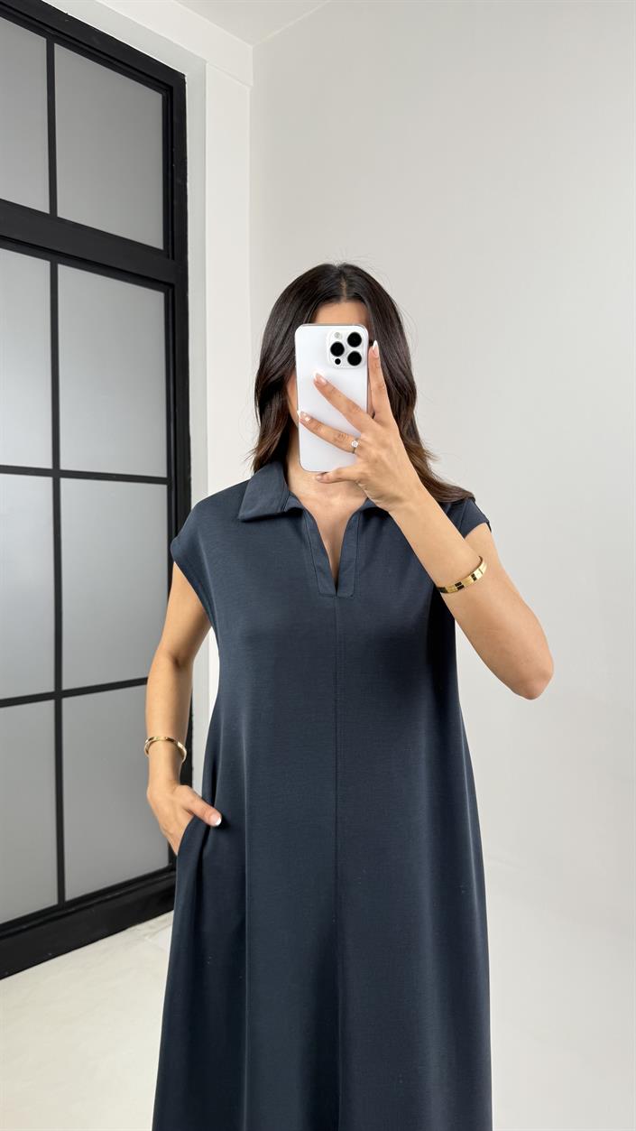 Lacivert MD Muadil Polo Yaka Cepli Basic Elbise Gaus00568