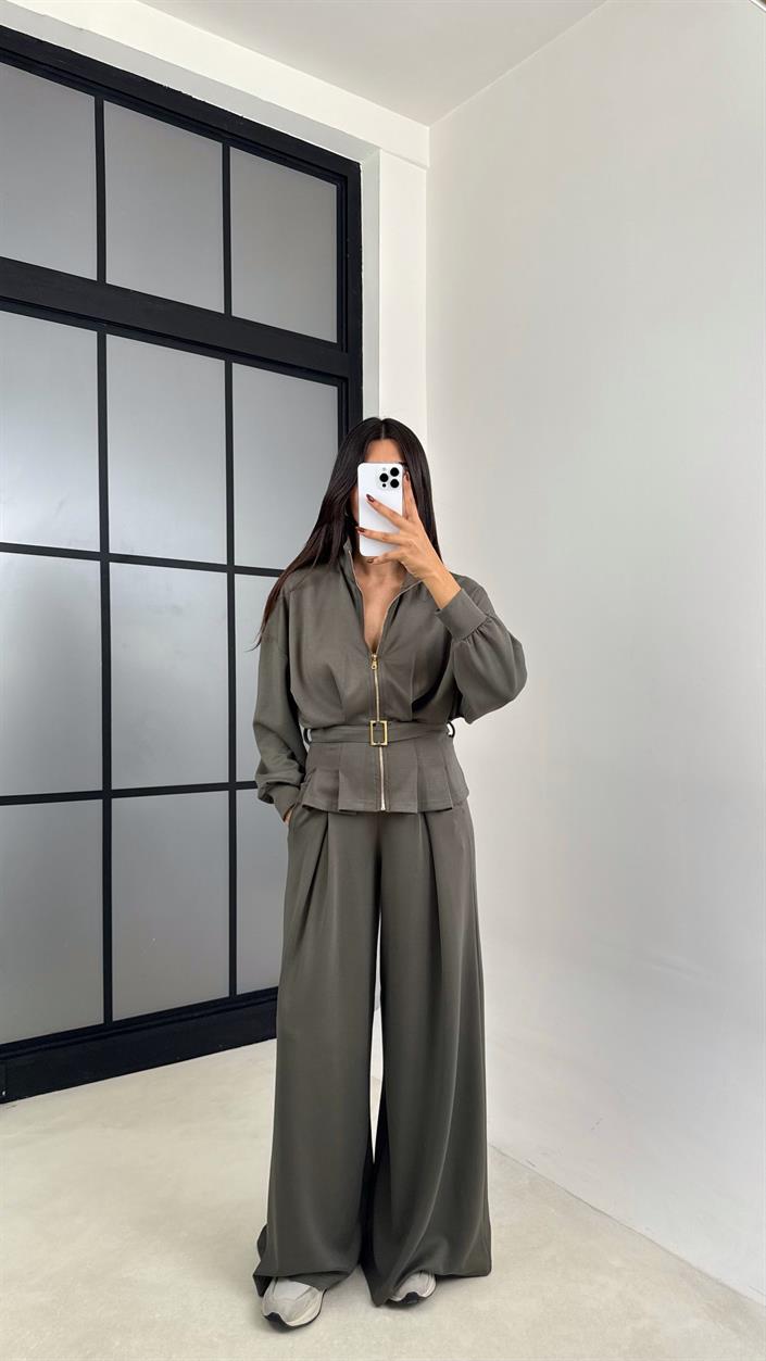 Haki Kemer Detaylı Hırka Beli Lastikli Geniş Paça Pantolon Modal Takım GAUS-00188
