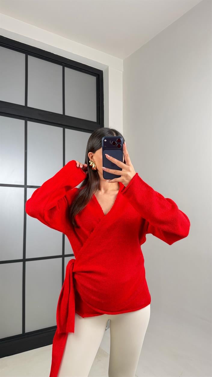 Kırmızı Bağlama Detaylı Triko Hırka GAUS-00888