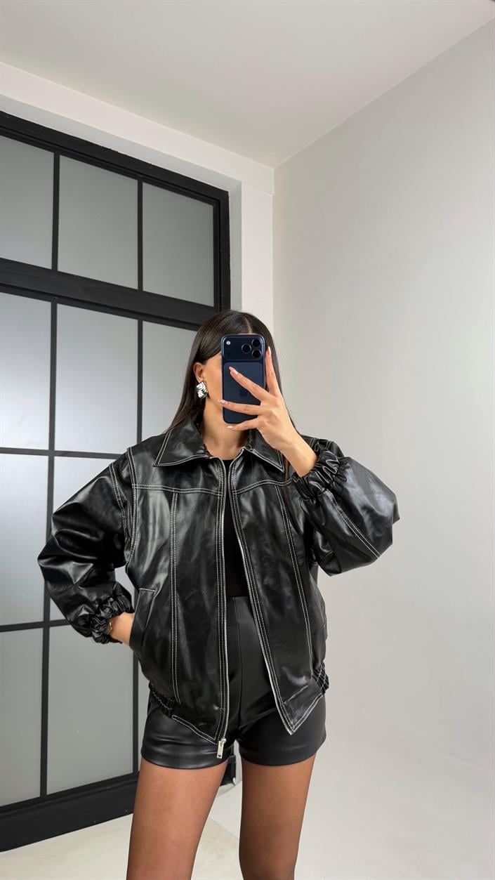 Siyah Dikiş Detaylı Astarlı Deri Ceket GAUS-00908